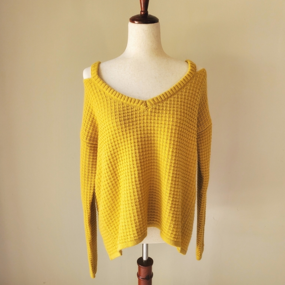 Yellow Cutout Shoulder Fall Sweater Top Small Medium